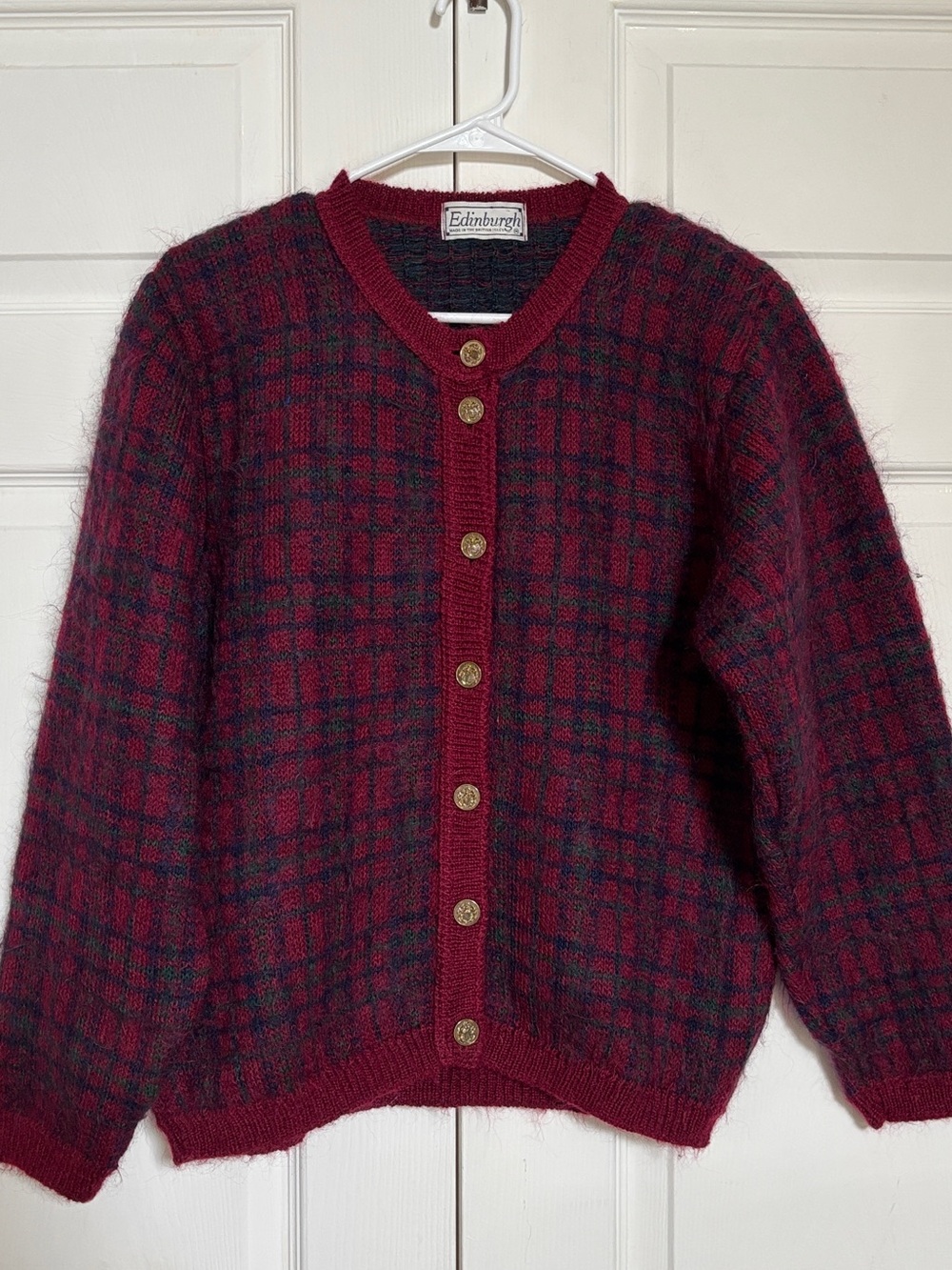 Edinburgh Women’s Mohair Blend Plaid Cardigan Gold Button Vintage British Isles